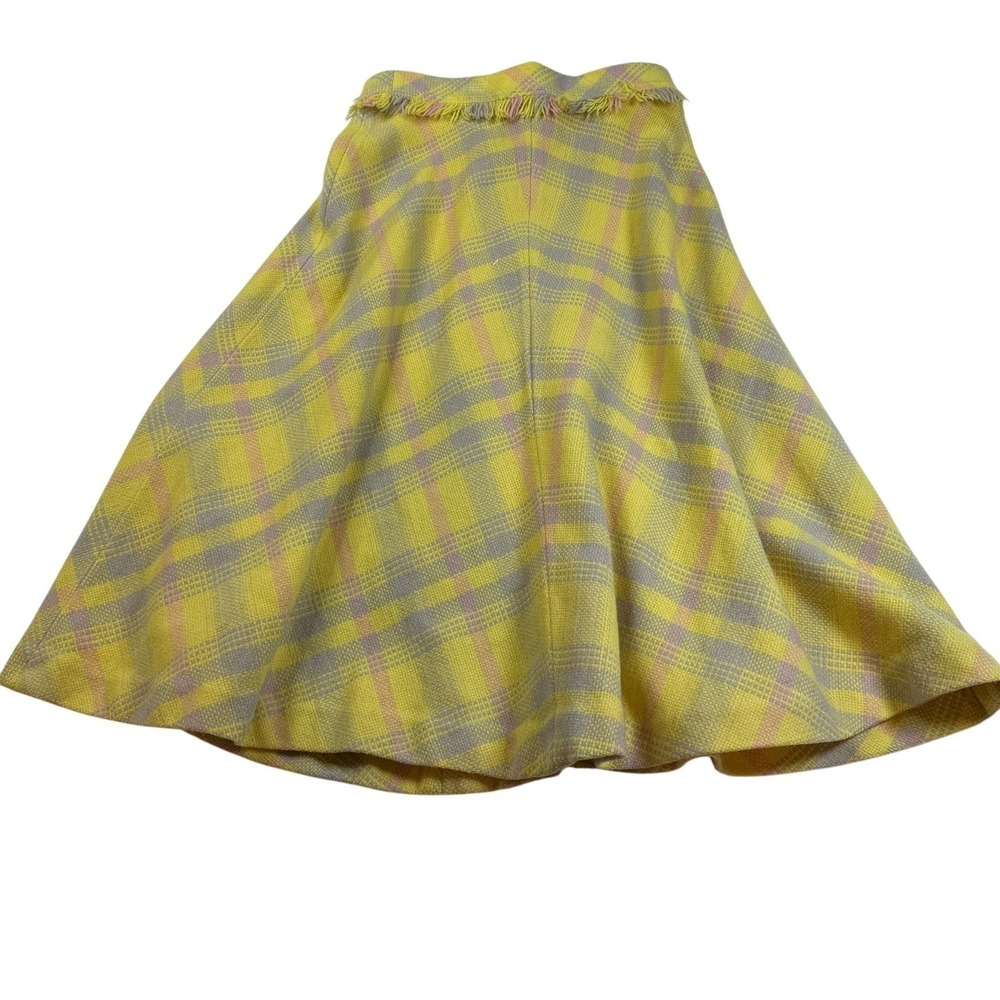 Vintage Plaid Wool‎ Skirt Yellow Gray Fringe Trim Full Lined Womens Small
